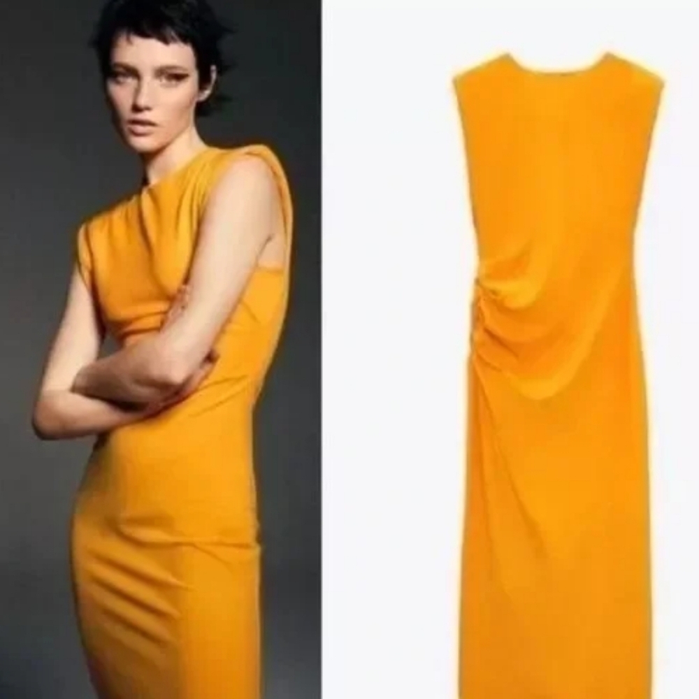 Zara Orange Draped Shoulderpad Midi Dress